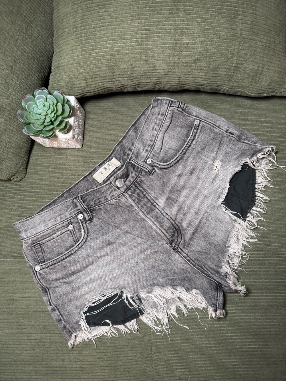 We The Free Faded Gray Distressed Denim Shorts - Raw Fringe